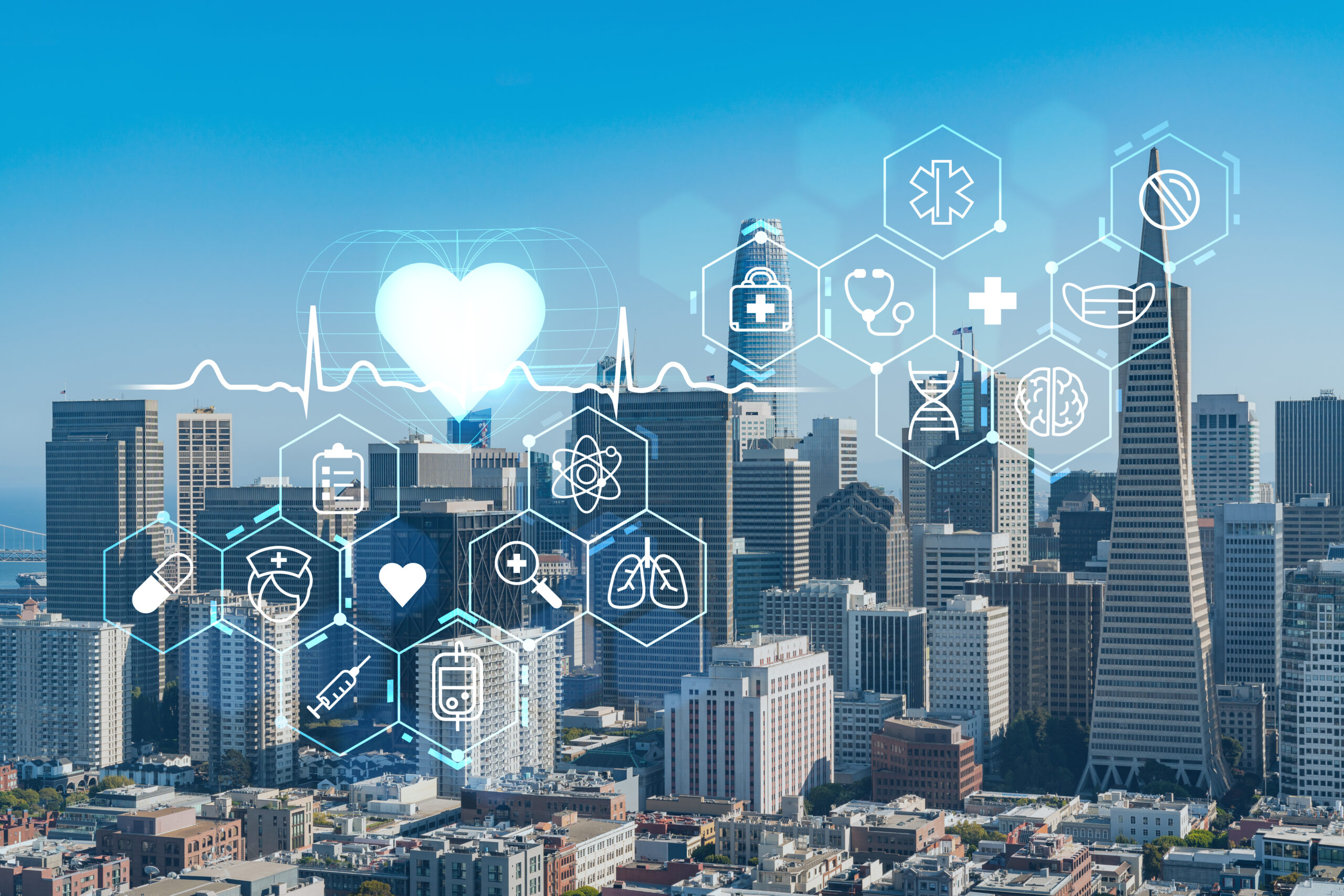 San Francisco skyline from Coit Tower to Financial District and residential neighborhoods, California, US. Health care digital medicine hologram. The concept of treatment and disease prevention